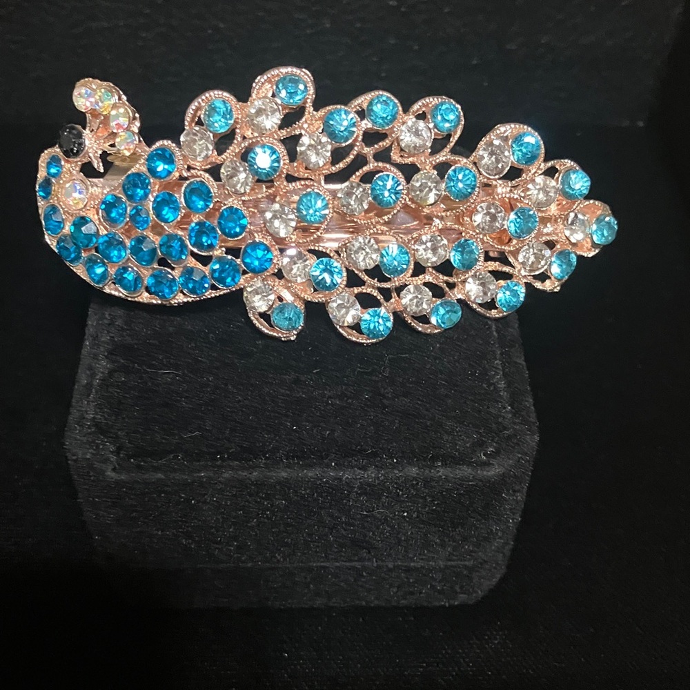 Vintage Crystal Peacock Hair Barrette - Blue & Clear Rhinestone Accent